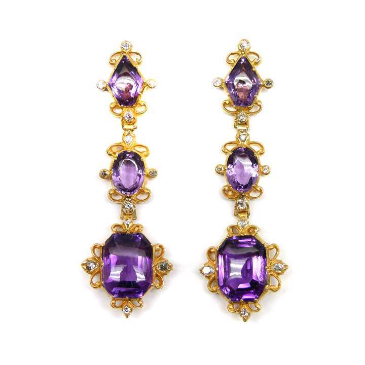 Pair of 19th century amethyst, diamond and gold pendant earrings